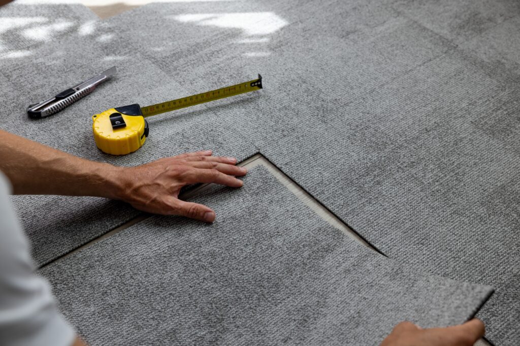 worker,installing,carpet,tiles,on,the,floor